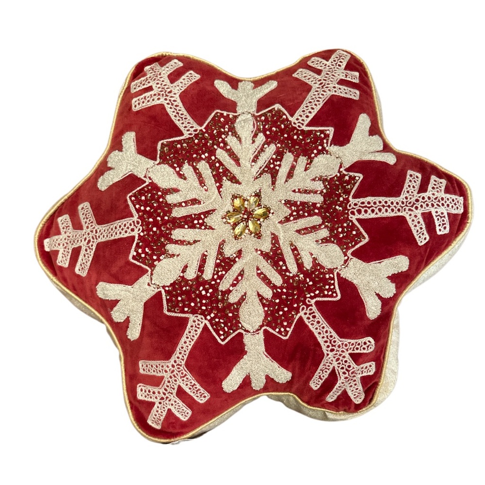 NET Purva Beaded Winter Snowflake Red, Cream withh Gold Flecks Throw Pillow